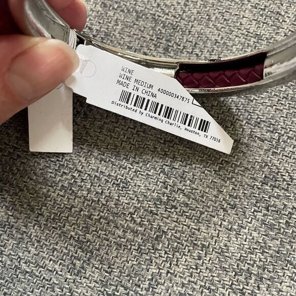 NWT Charming Charlie Wine Braided Leather Silver Tone Hinged Cuff M - Picture 5 of 6